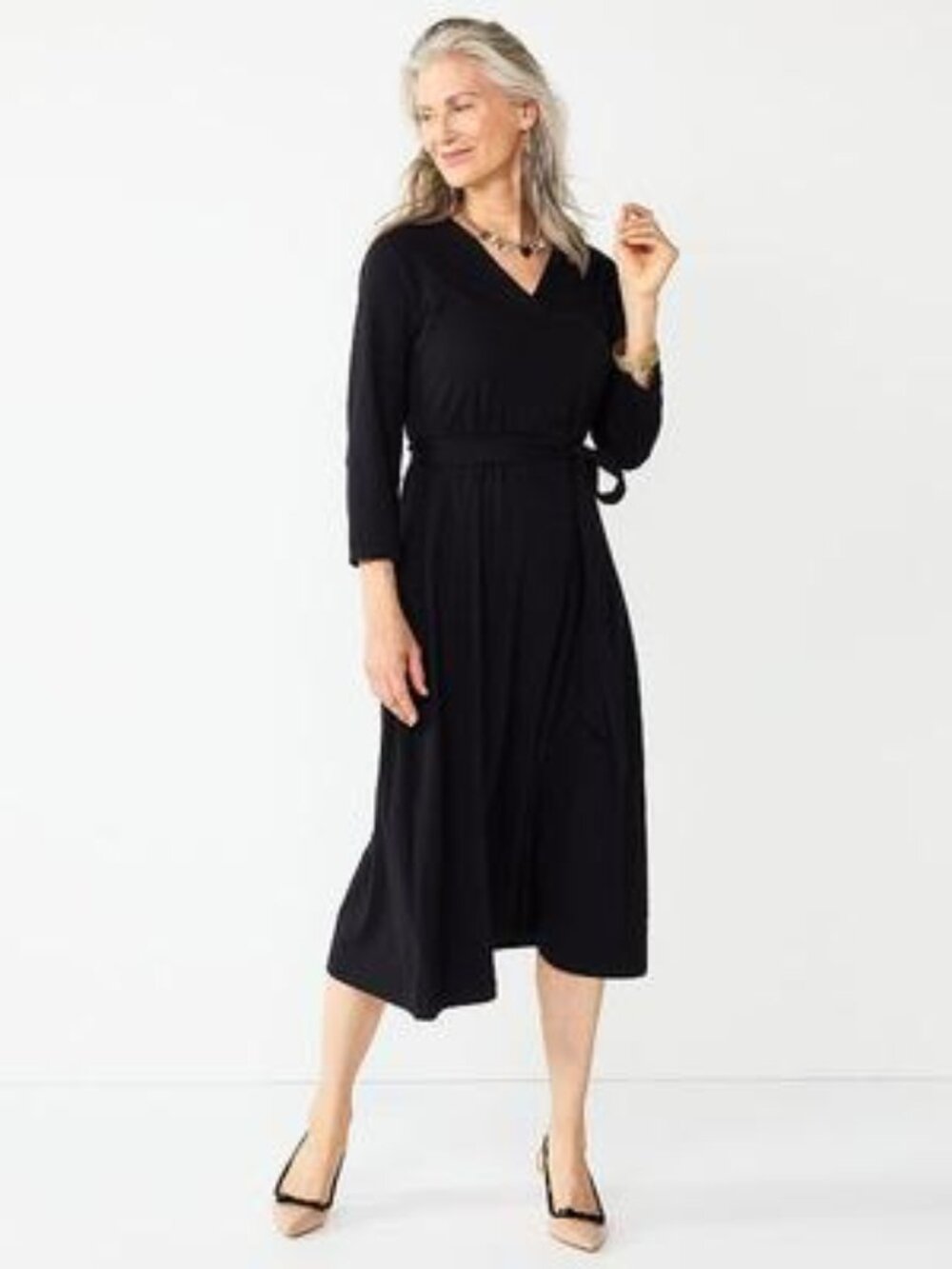 Women's Croft & Barrow V-Neck Midi Dress - Mineral Black - Large - NWT